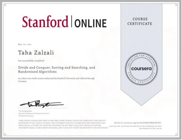 Certificate: Divide and Conquer, Sorting and Searching, and Randomized Algorithms